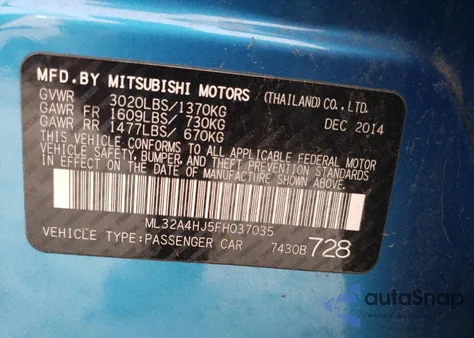 2015 Mitsubishi Mirage Es from USA, damaged, VIN ML32A4HJ5FH037035